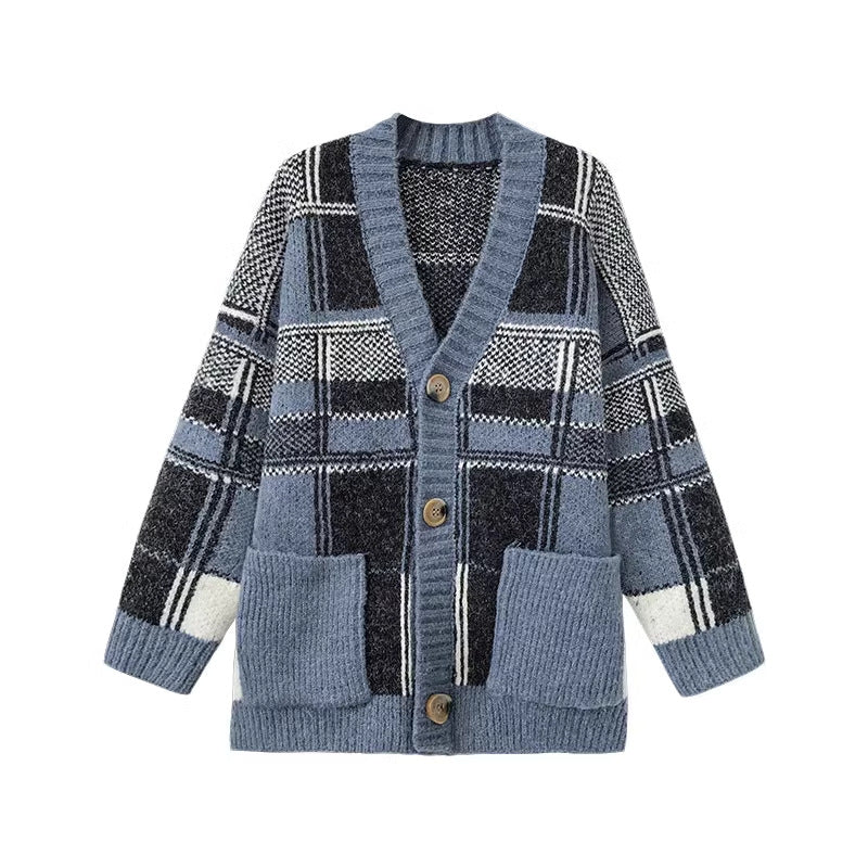 Damen Modischer Oversized Cardigan mit Karomuster Drune
