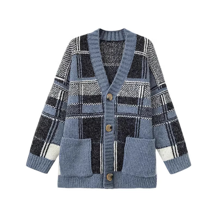Damen Modischer Oversized Cardigan mit Karomuster Drune
