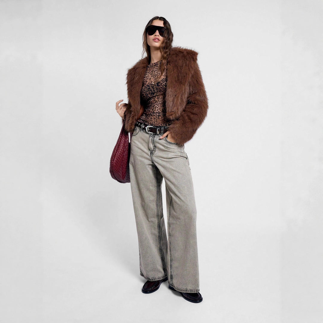 Damen nan figurnahes Netz-Longsleeve mit Leopardenmuster und seitlicher Raffung Drune