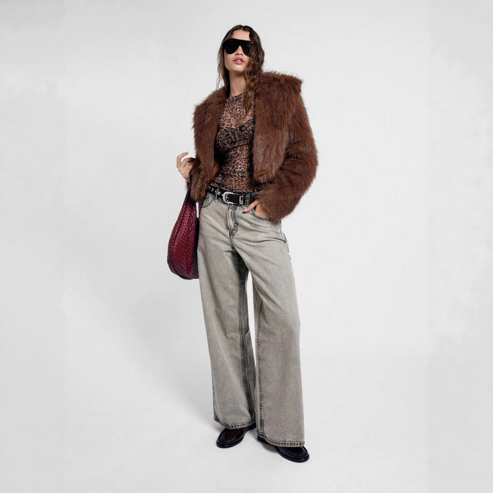 Damen nan figurnahes Netz-Longsleeve mit Leopardenmuster und seitlicher Raffung Drune