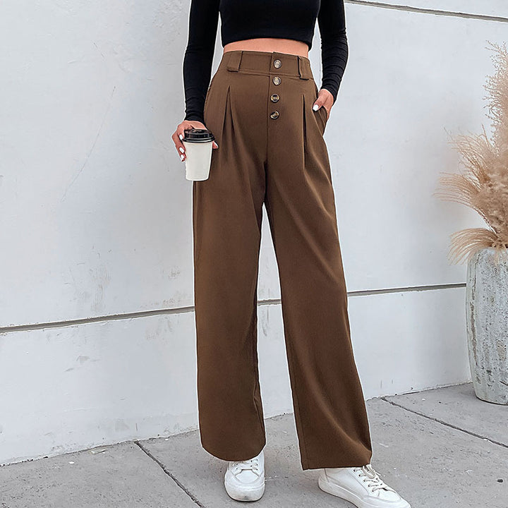 Damen Hochtaillierte weite Stoffhose mit Zierknopfleiste und Bundfalten Drune