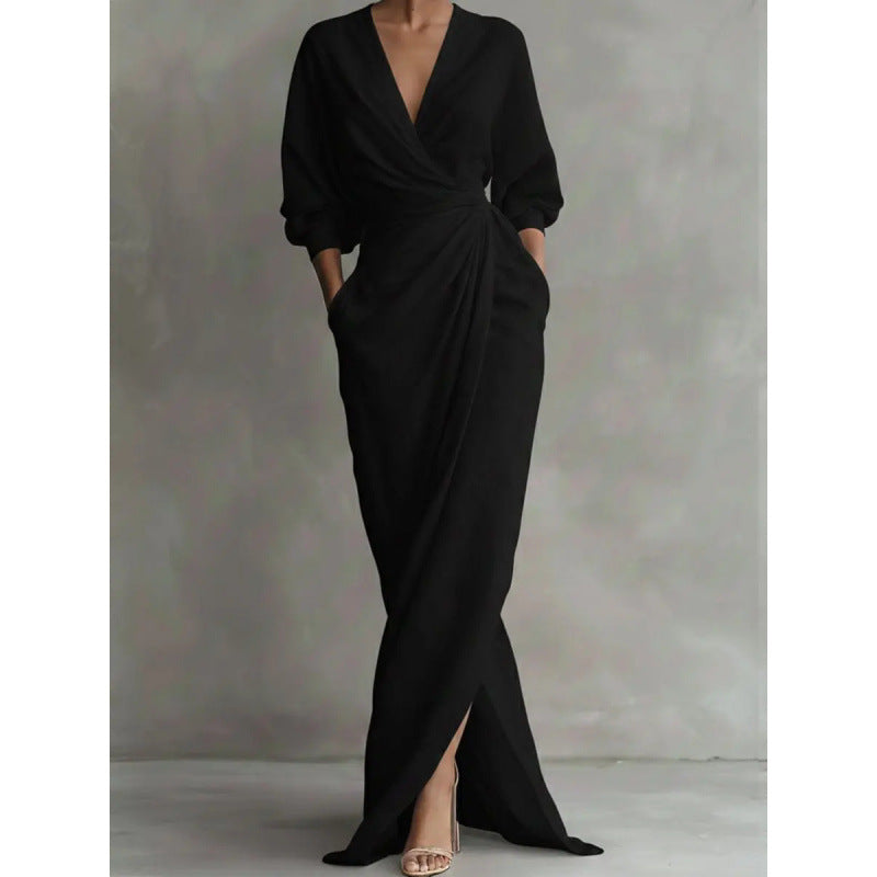 Damen Drapiertes Wickel-Maxikleid mit tiefem V-Ausschnitt, Taillen-Twist und Eingrifftaschen Drune