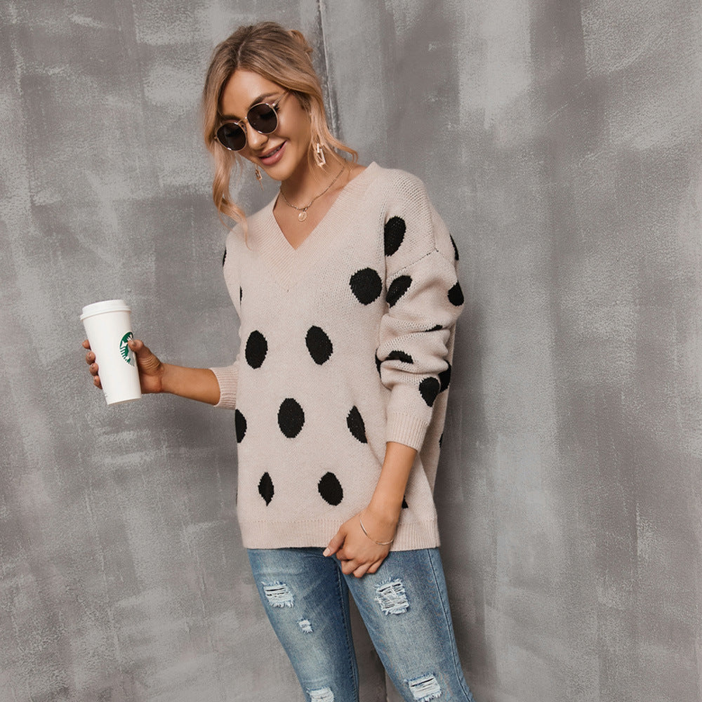 Damen modischer Pullover mit tiefem V-Ausschnitt und grafischem Punktdesign Drune