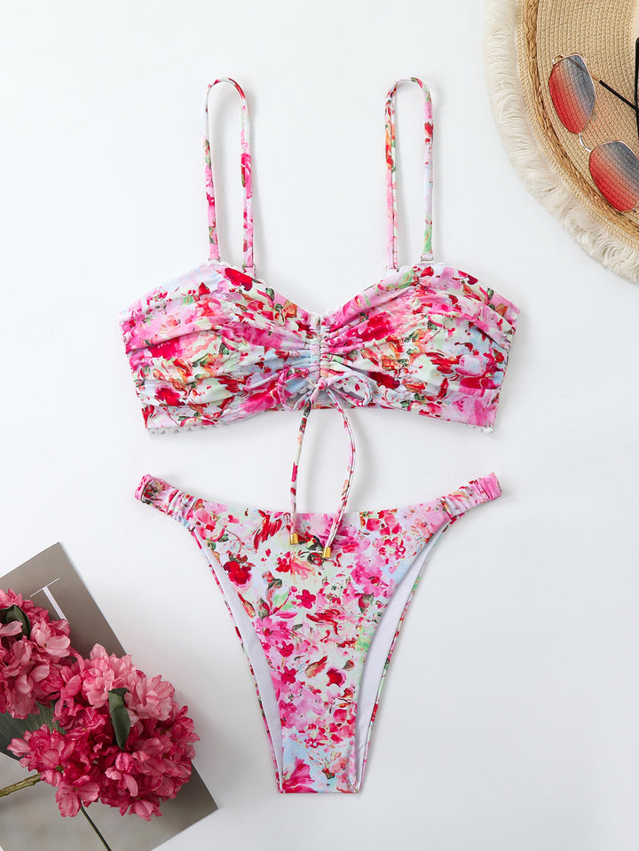 Damen-Bikini-Set mit Raffung und romantischem Blumendesign Drune