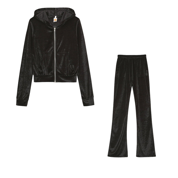 Damen Sportliches Set aus samtiger Kapuzenjacke und weiten Jogginghosen Drune