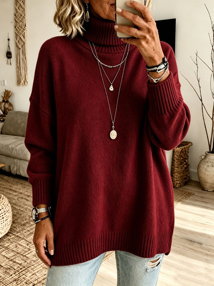 Damen Oversize Rollkragenpullover aus Feinstrick mit gerippten Bündchen und überschnittener Schulter Drune