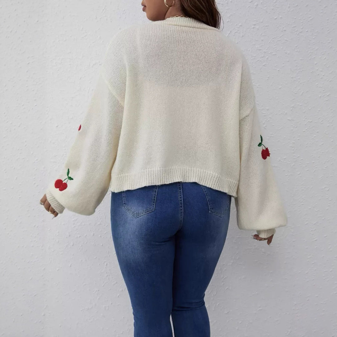 Damen Kurzgeschnittener Oversize-Cardigan mit Kirsch-Stickerei Drune