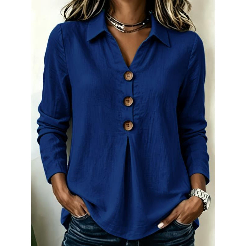 Damen Langarm-Bluse mit Holzknopfleiste und Vorderfalte Drune