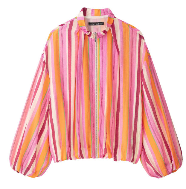 Damen Leichte gestreifte Cropped Blousonjacke im Bomberstil mit Stehkragen, Reißverschluss und Ballonärmeln Drune