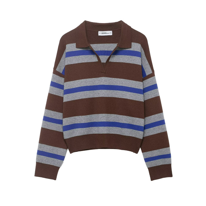 Damen Gestreifter Rugby-Polo-Pullover mit V-Notch und Cropped-Saum Drune