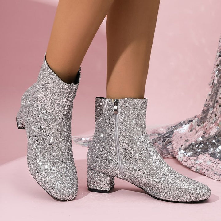 Damen glitzernde Stiefeletten mit kurzem Blockabsatz und seitlichem Reißverschluss Drune