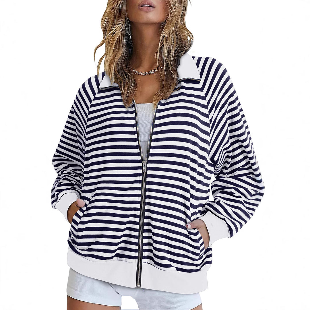 Damen Gestreifte Zip‑Jacke mit Reißverschluss, Raglanärmeln und Rippbündchen Drune