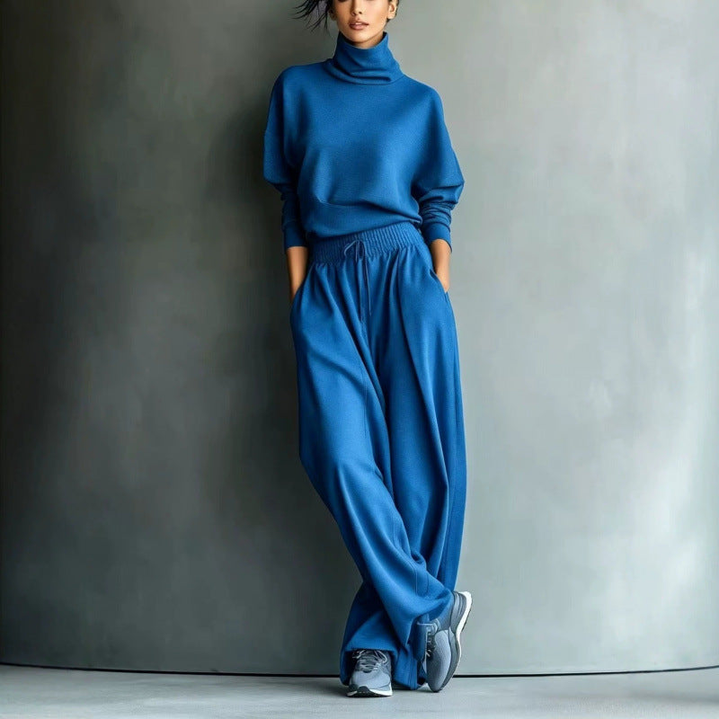 Damen Strick-Loungewear-Set mit Rollkragen und weiten Palazzo-Hosen Drune