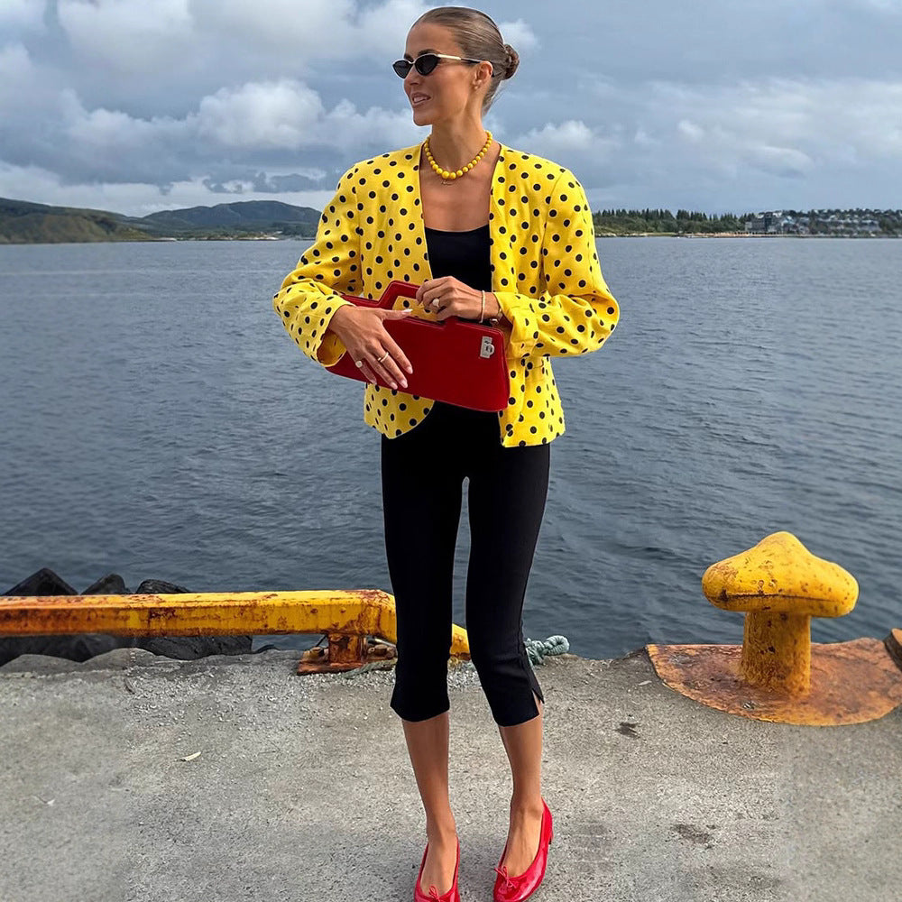 Damen Kurzblazer im Vintage-Punktmuster, Boxy-Cut & leichtem Leinenmix Drune