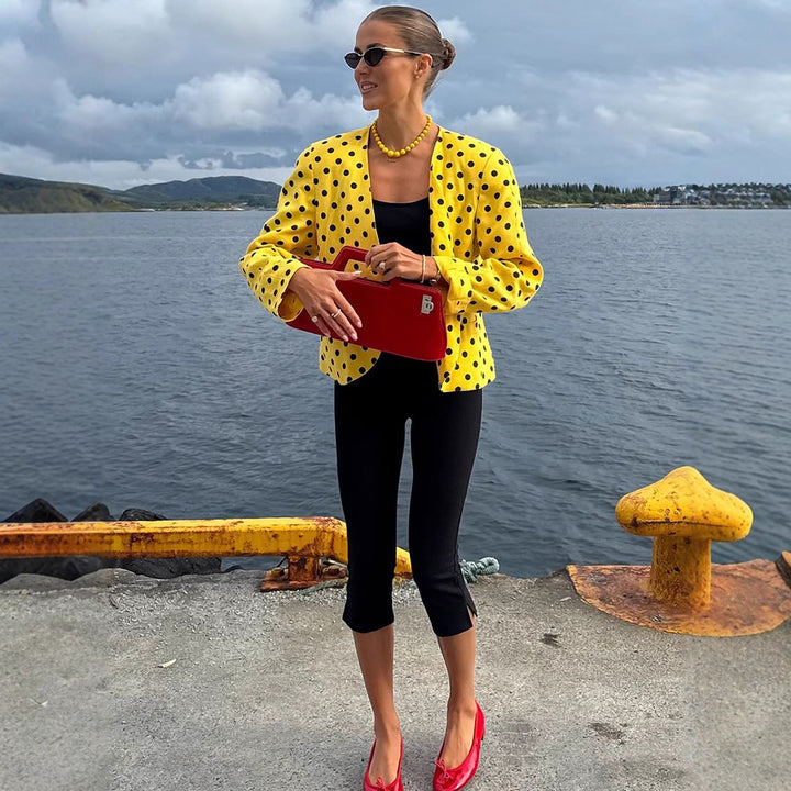 Damen Kurzblazer im Vintage-Punktmuster, Boxy-Cut & leichtem Leinenmix Drune