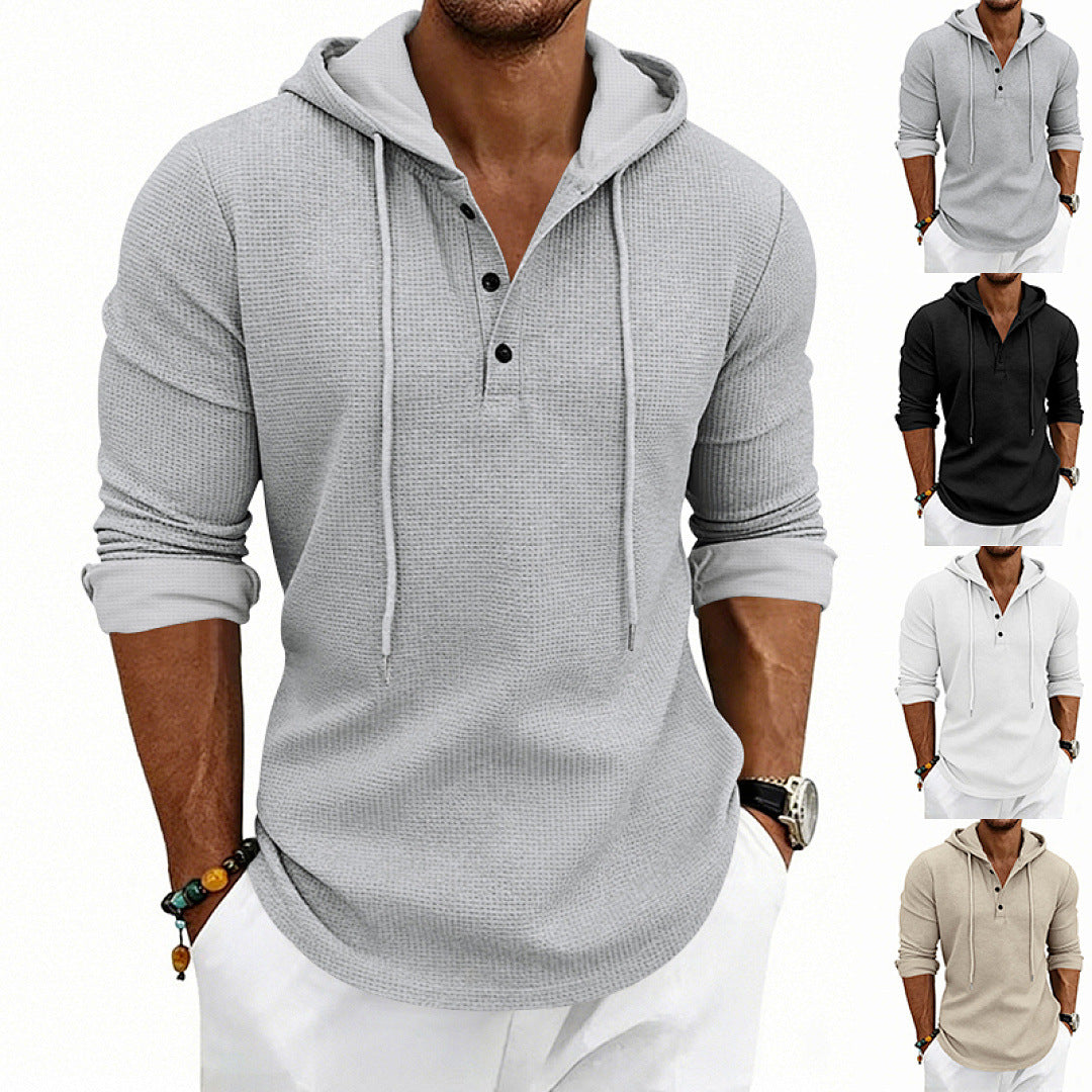 Herren Waffelstrick-Henley-Hoodie mit Knopfleiste und Kapuze Drune