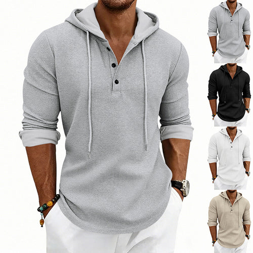 Herren Waffelstrick-Henley-Hoodie mit Knopfleiste und Kapuze Drune