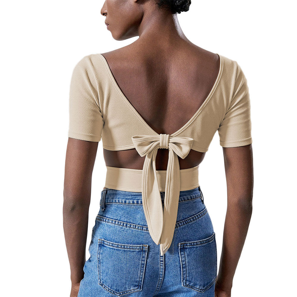 Damen cropped T-Shirt mit elegantem Quadrat-Ausschnitt und kurzen Ärmeln Drune