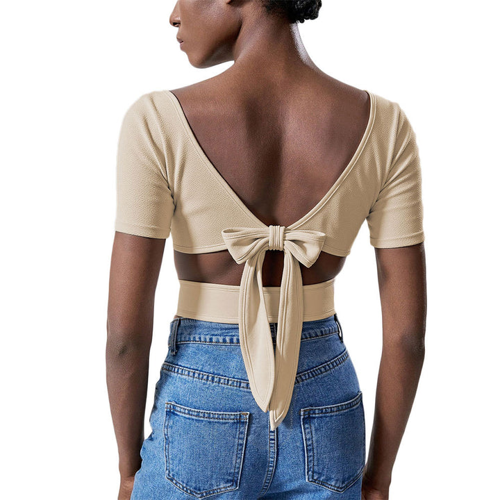 Damen cropped T-Shirt mit elegantem Quadrat-Ausschnitt und kurzen Ärmeln Drune