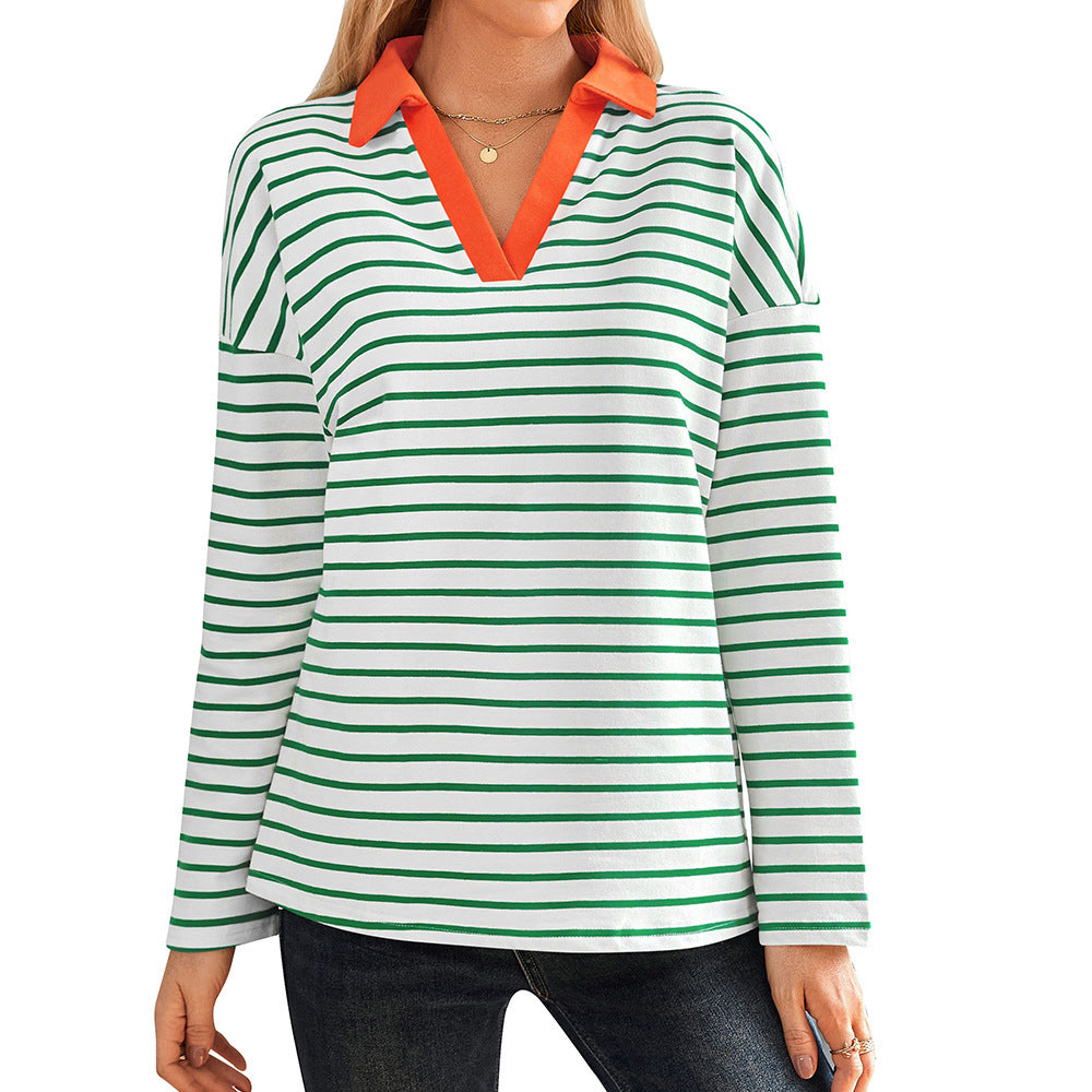 Damen gestreiftes Polo-Shirt mit V-Ausschnitt und kontrastierendem Kragen Drune