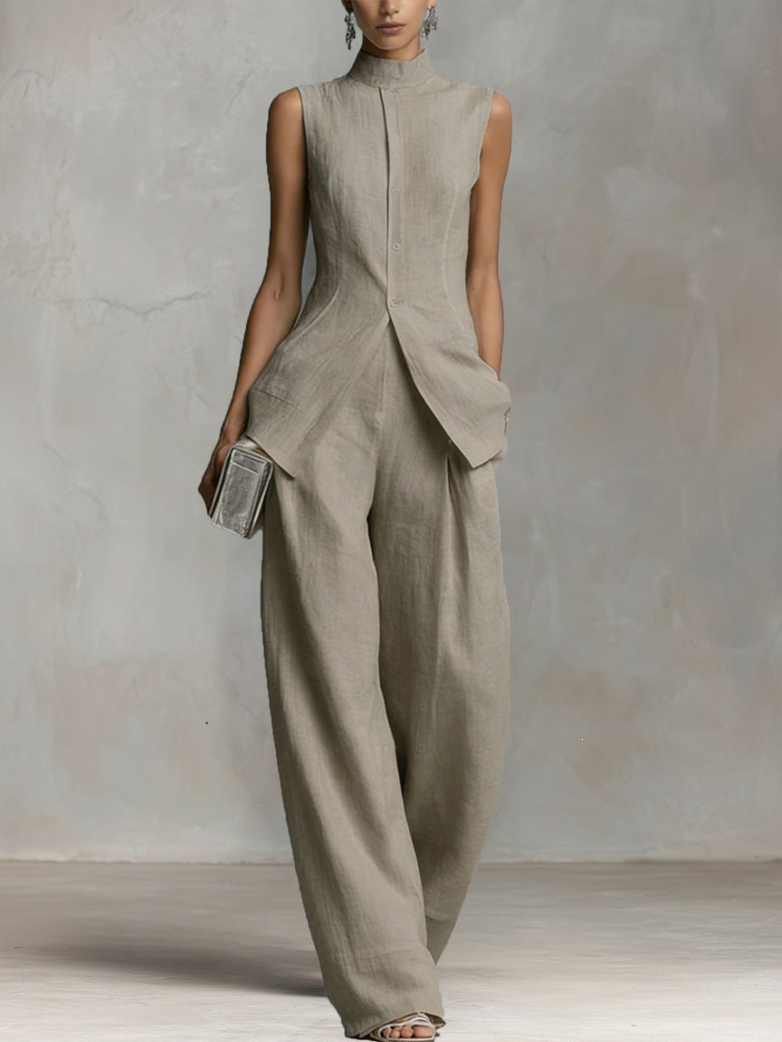 Damen Eleganter Jumpsuit mit hochgeschlossenem Kragen und weitem Bein Drune