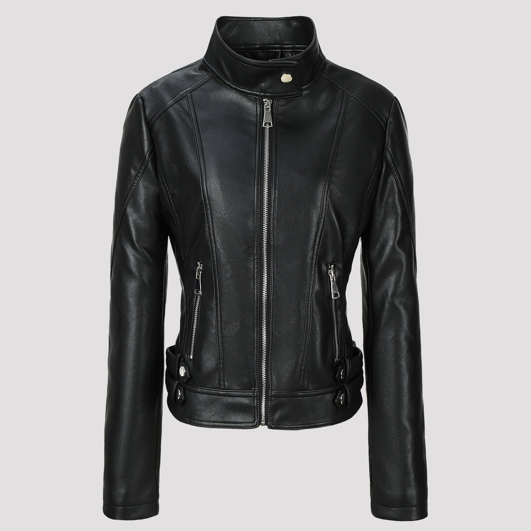 Damen Modische Kunstlederjacke mit Stehkragen Drune