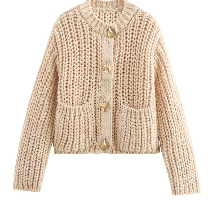 Damen Modische Strickjacke mit großen Knöpfen und praktischen Taschen Drune