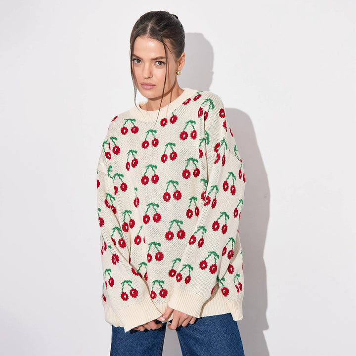 Damen Kuscheliger Strickpulli mit Kirschenmuster Drune