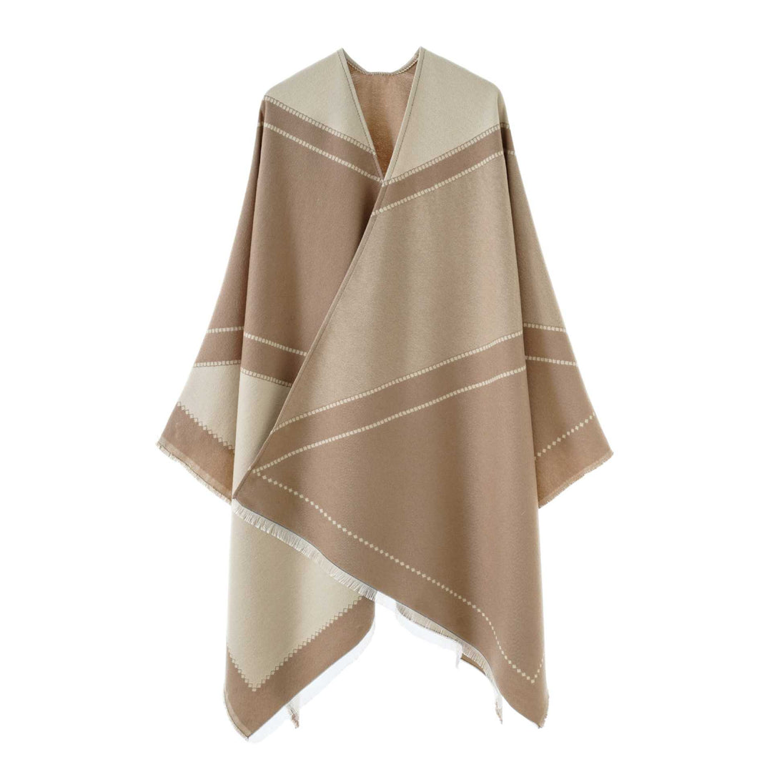 Damen Großer Wollmix Fransenponcho mit diagonalen Kontraststreifen Drune