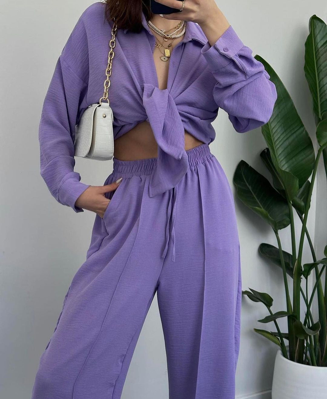 Damen Lässiges zweiteiliges Lounge-Set aus Crêpe mit Oversize-Hemd und hohem Elastikbund Drune