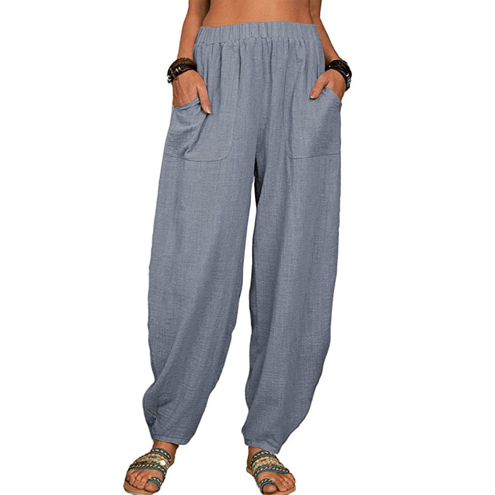Damen nan lockere Leinenhose mit weitem Bein elastischem Bund und großen aufgesetzten Taschen Drune