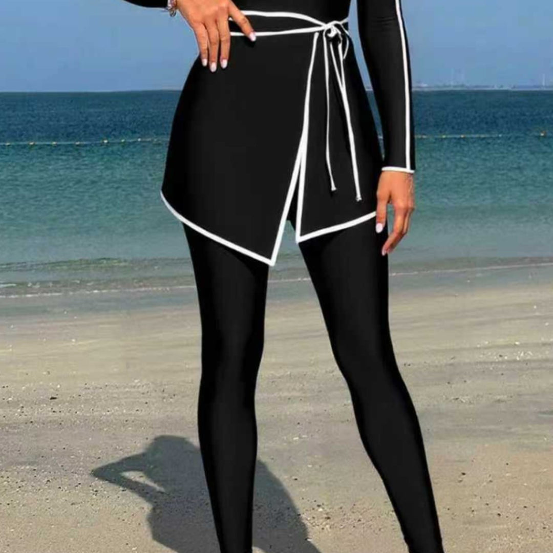 Damen modischer Langarm-Schwimmanzug mit Wickelrock Drune