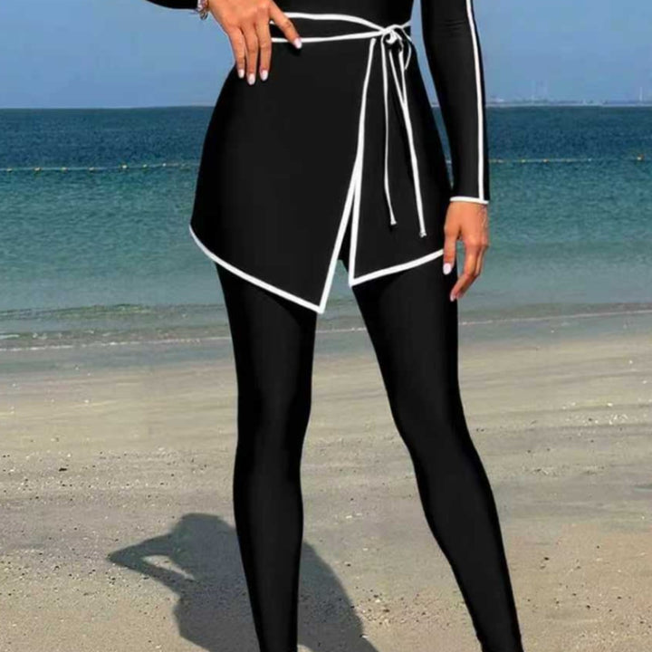 Damen modischer Langarm-Schwimmanzug mit Wickelrock Drune