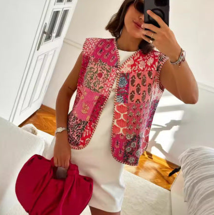 Damen Gesteppte Weste mit Toile‑Print, gestreifter Innenverarbeitung und Kordelbindung Drune