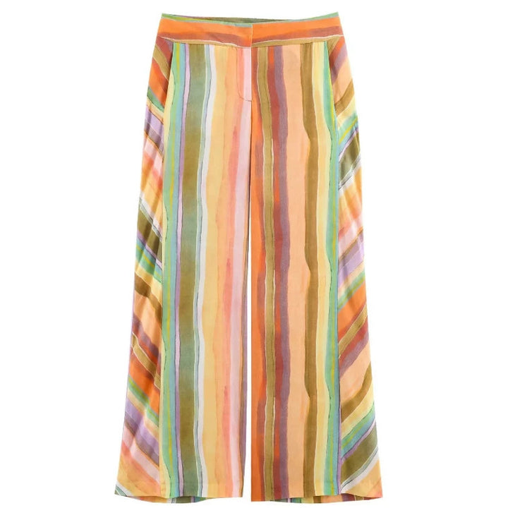 Damen Weite High‑Waist Leinenmix‑Palazzohose mit fließendem Streifenprint Drune