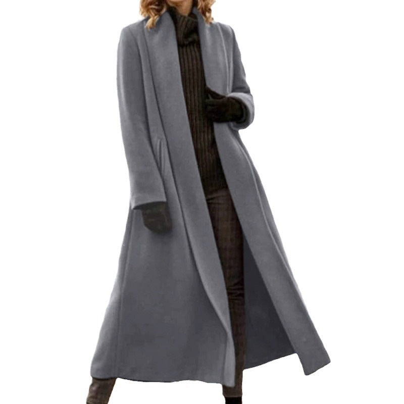Damen eleganter langer Wollmix-Mantel mit offenem Fall und seitlichen Eingrifftaschen Drune