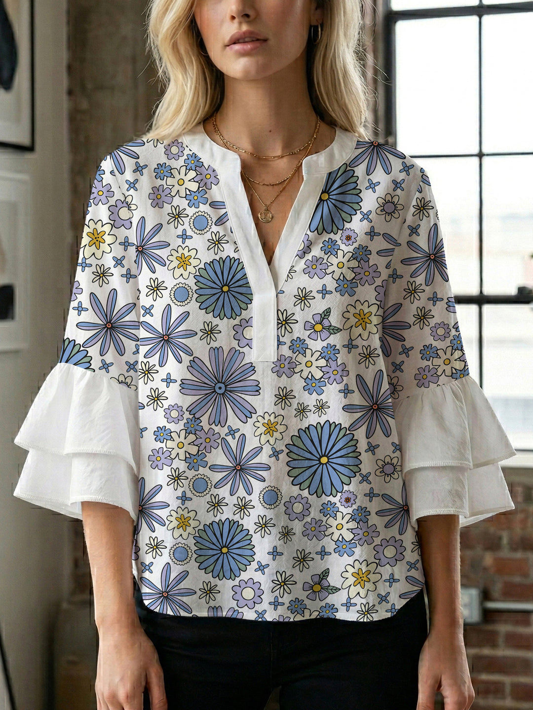 Damen Bluse mit voluminösen Ärmeln und floralem Design Drune