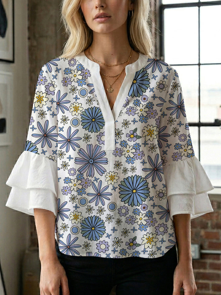 Damen Bluse mit voluminösen Ärmeln und floralem Design Drune