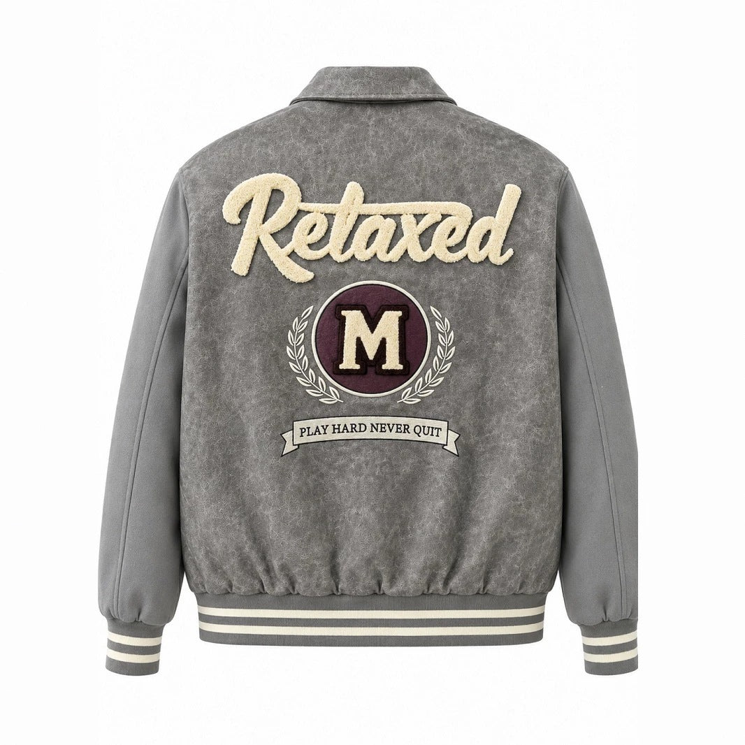 Herren Varsity-Bomberjacke im Vintage-Lederlook mit Chenille-Emblem Drune