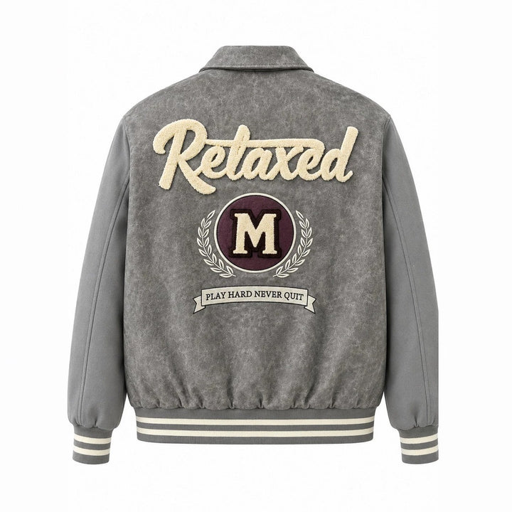 Herren Varsity-Bomberjacke im Vintage-Lederlook mit Chenille-Emblem Drune