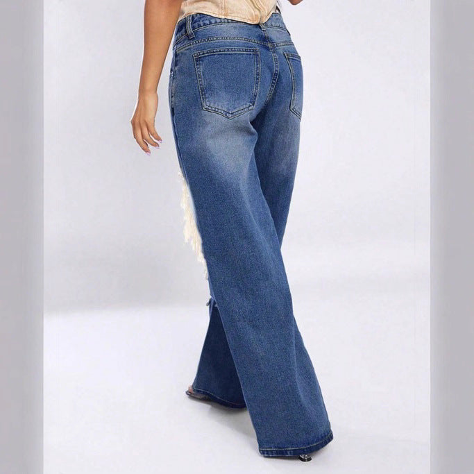 Damen Extraweit geschnittene Destroyed-Jeans mit XXL-Knie-Cutouts und tiefer Taillenlinie Drune