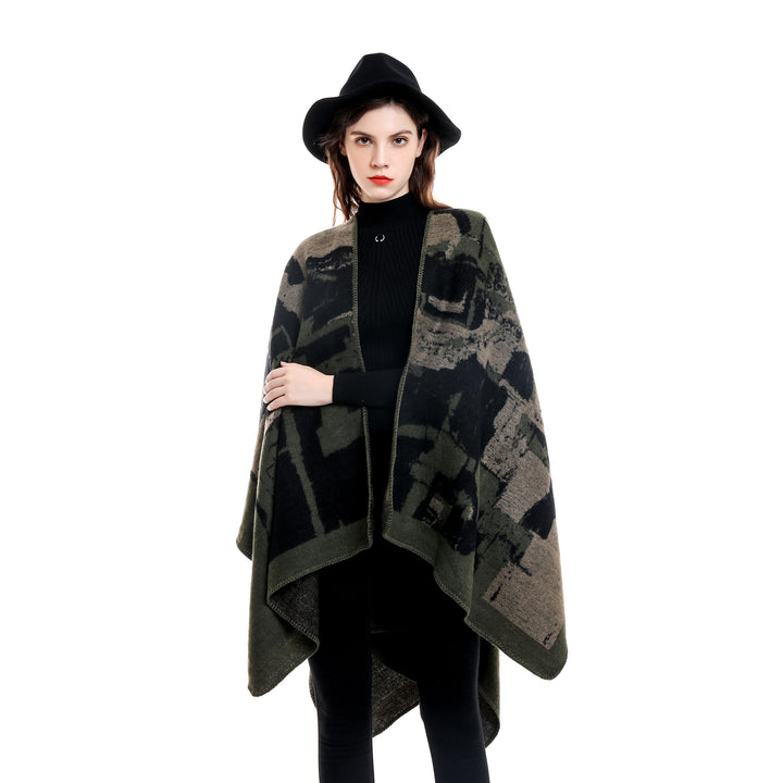 Damen Oversize-Umhangruana aus Wollmix mit abstraktem Jacquard und Zierstichkante Drune