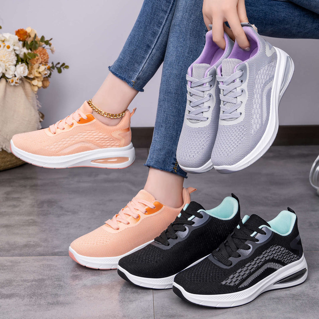 Damen nan leichte Strick-Fitness-Sneaker mit sichtbarem Luftdämpfer und reaktiver EVA-Plateau-Sohle Drune