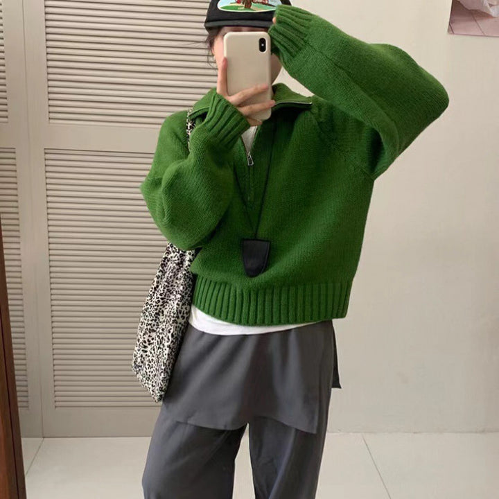 Damen Kuscheliger Gestrickter Pullover mit Stehkragen und Reißverschluss Drune