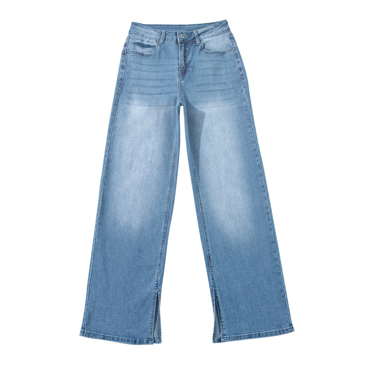Damen hochtaillierte Schlaghose aus Denim mit Frontschlitz und weitem Bein Drune