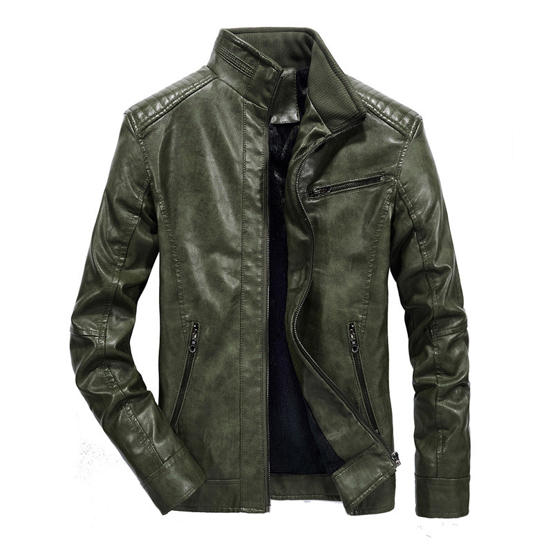 Herren Slim-Fit Motorradblouson aus Lederimitat mit Stehkragen und Reißverschlusstaschen Drune