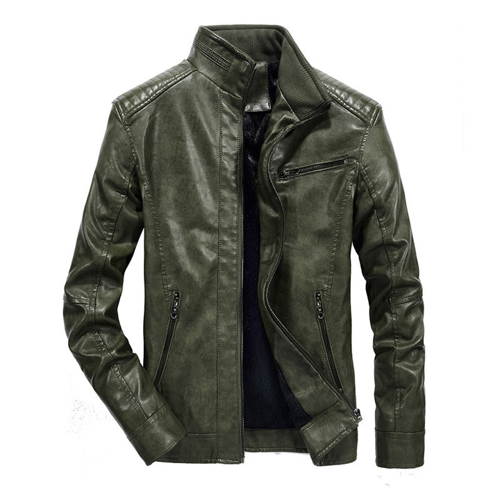 Herren Slim-Fit Motorradblouson aus Lederimitat mit Stehkragen und Reißverschlusstaschen Drune