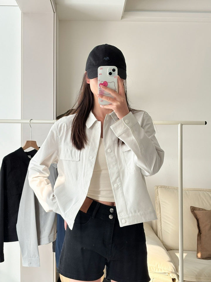 Damen Kurze Overshirt-Jacke aus strukturiertem Canvas mit Brusttaschen Drune