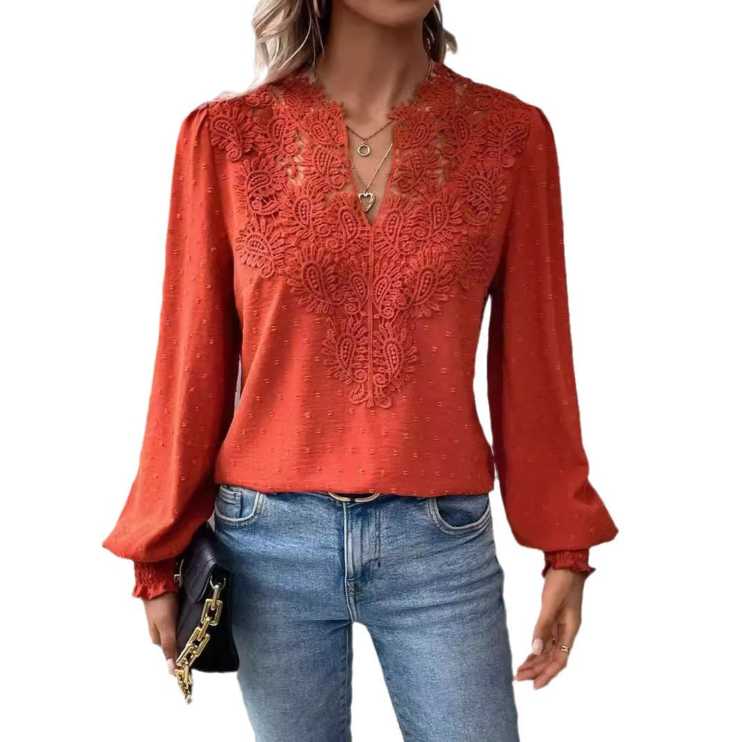 Damen elegante Bluse mit besticktem V-Ausschnitt Drune