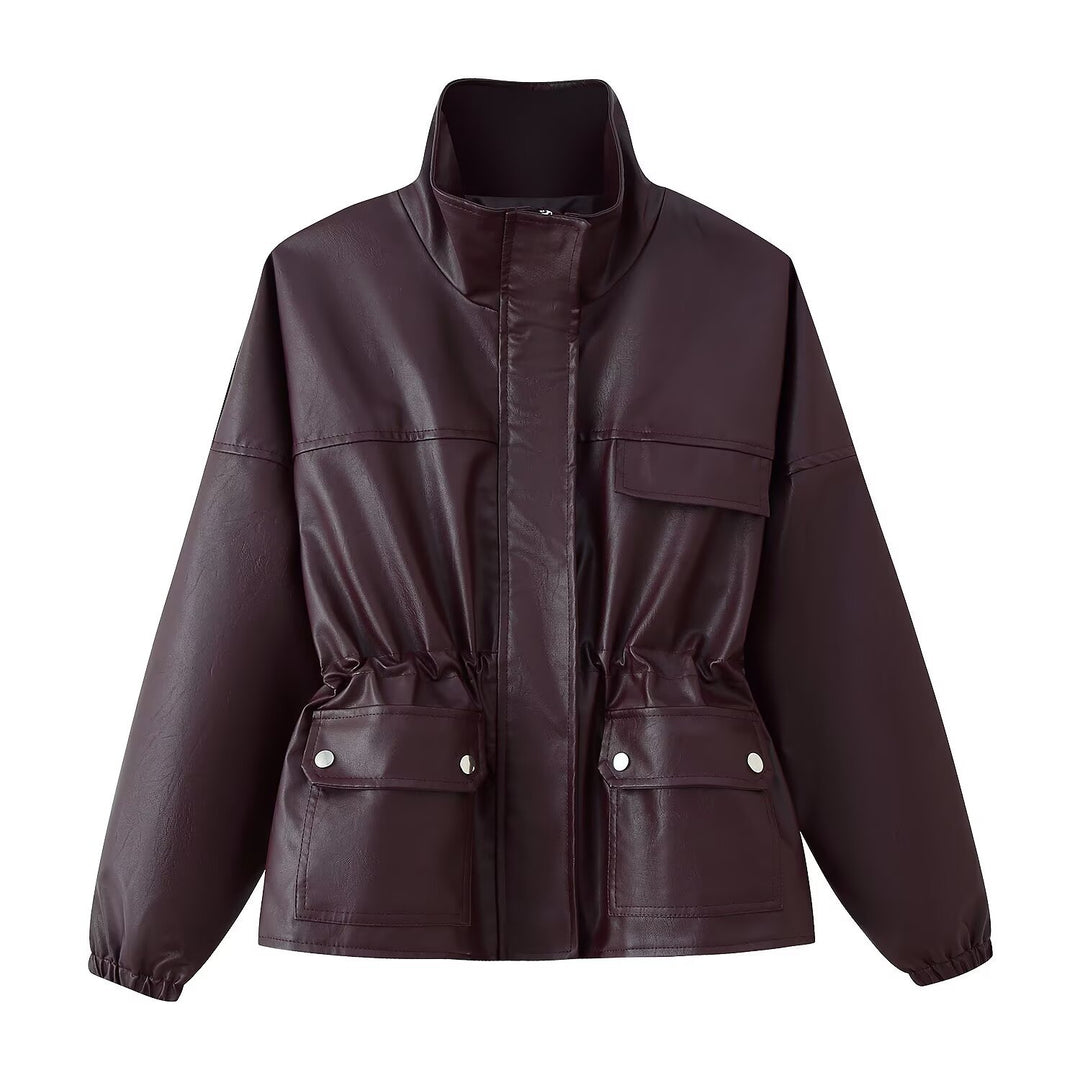 Damen Kunstleder-Parka mit Stehkragen, Taillenzug und aufgesetzten Klappentaschen Drune